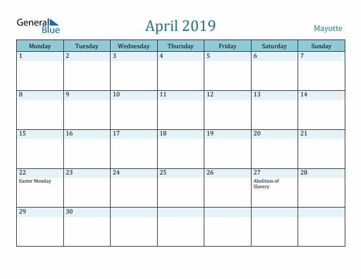 April 2019 Calendar with Holidays