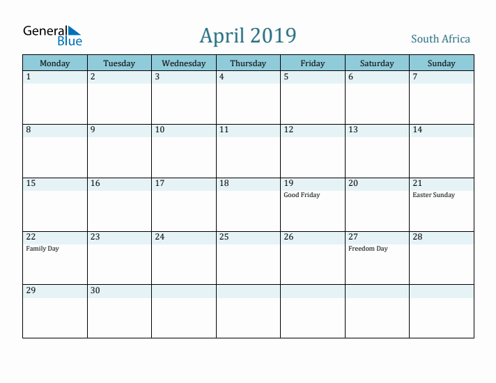 April 2019 Calendar with Holidays