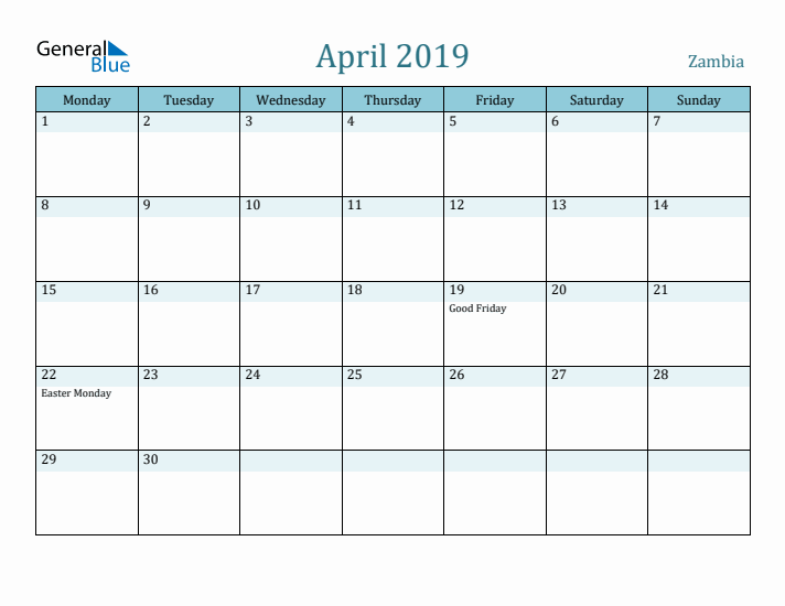 April 2019 Calendar with Holidays