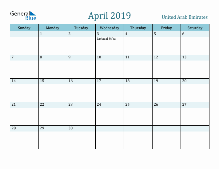 April 2019 Calendar with Holidays