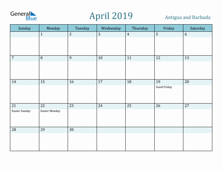 April 2019 Calendar with Holidays