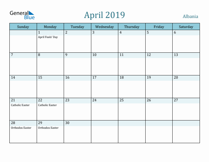 April 2019 Calendar with Holidays