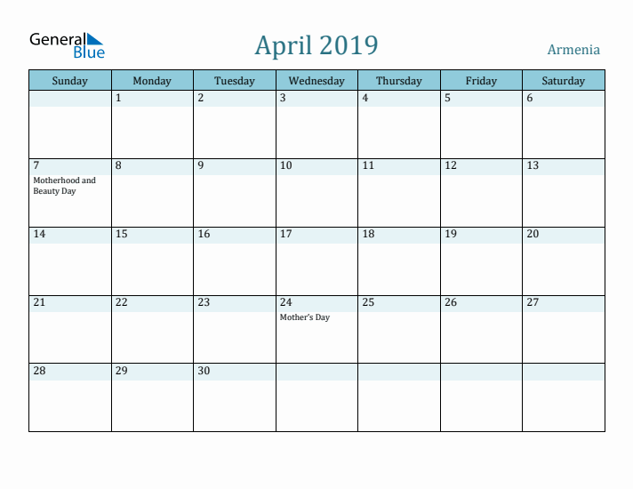 April 2019 Calendar with Holidays