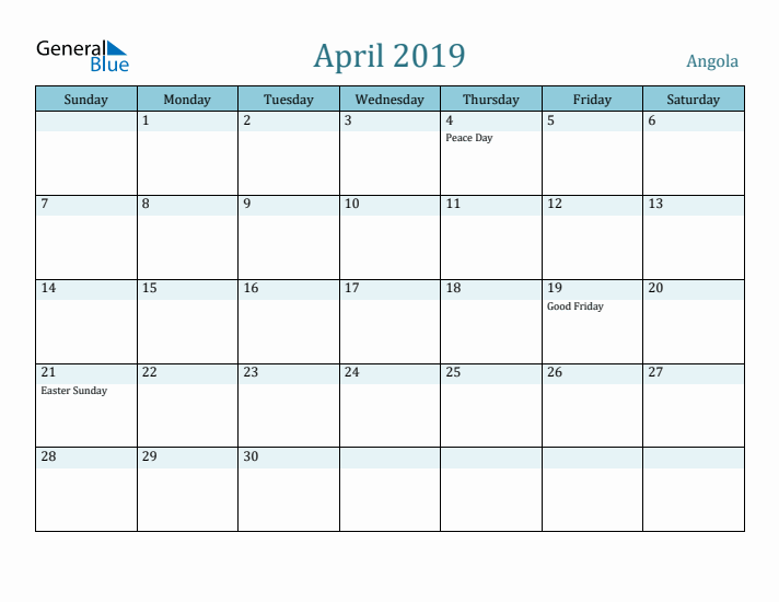 April 2019 Calendar with Holidays