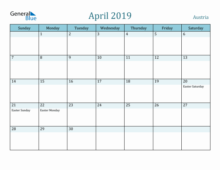 April 2019 Calendar with Holidays