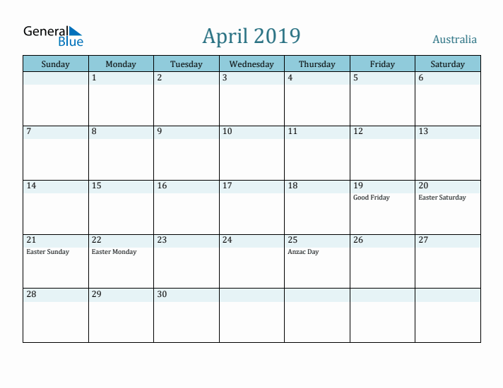 April 2019 Calendar with Holidays