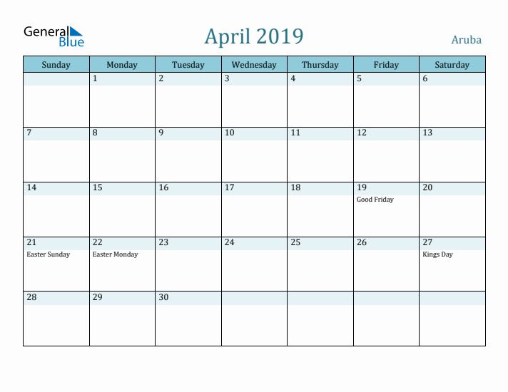 April 2019 Calendar with Holidays