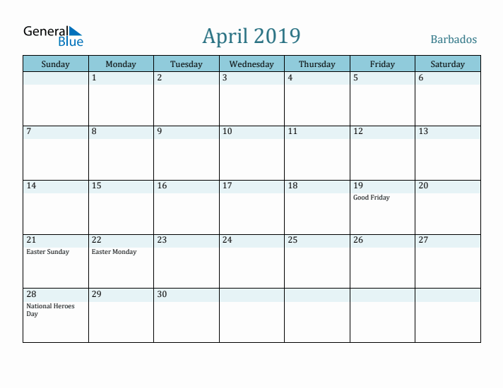 April 2019 Calendar with Holidays