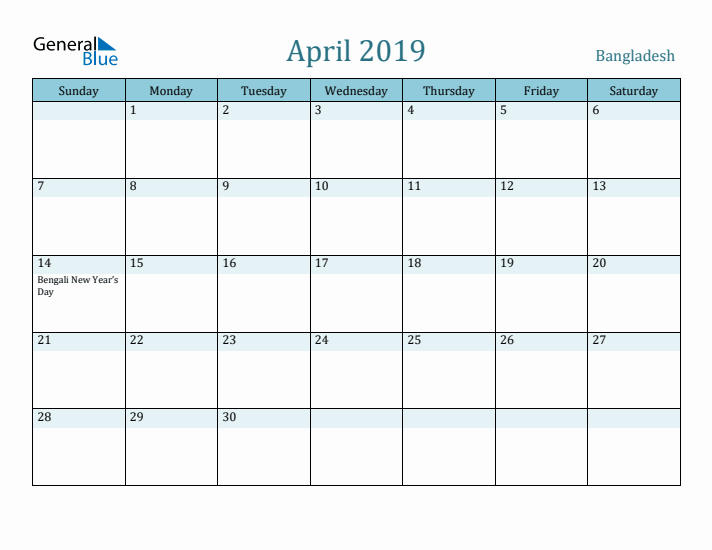 April 2019 Calendar with Holidays