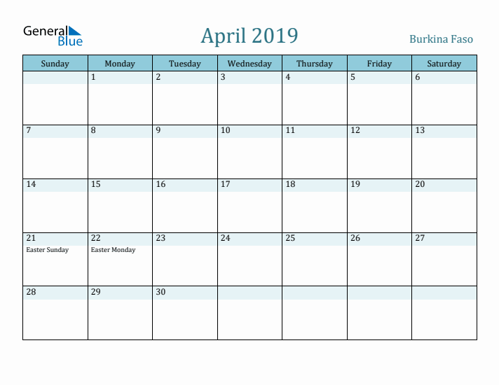 April 2019 Calendar with Holidays