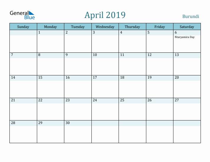 April 2019 Calendar with Holidays