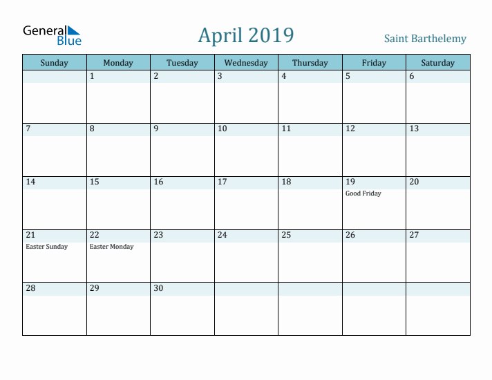 April 2019 Calendar with Holidays