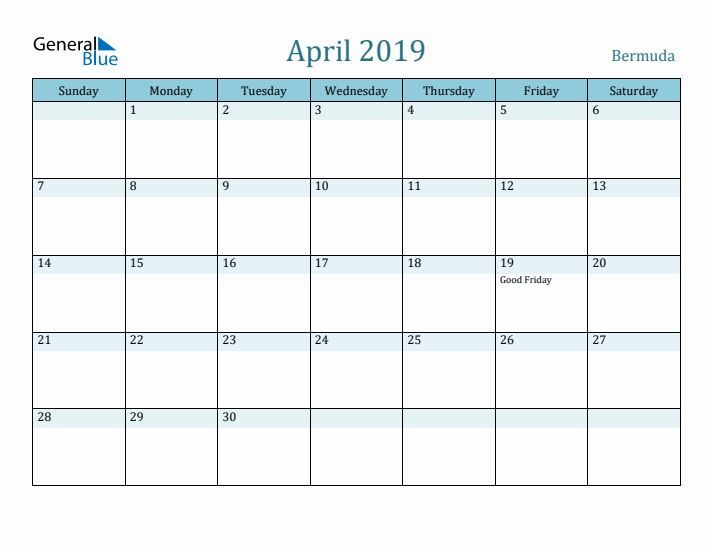 April 2019 Calendar with Holidays