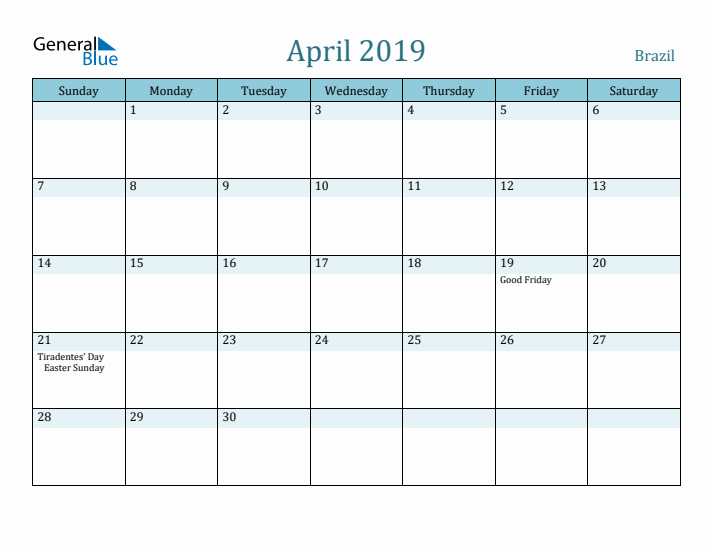 April 2019 Calendar with Holidays