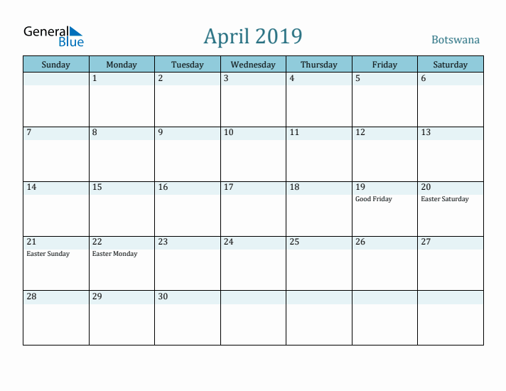 April 2019 Calendar with Holidays