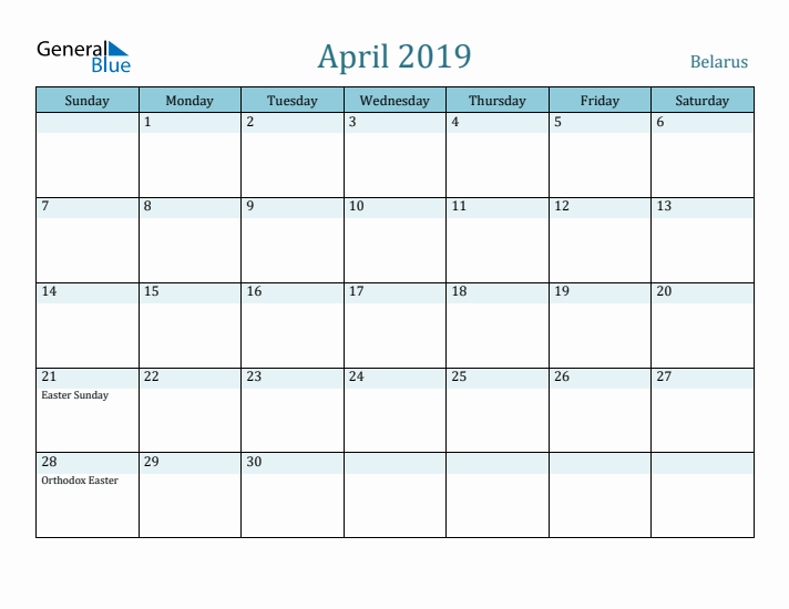 April 2019 Calendar with Holidays