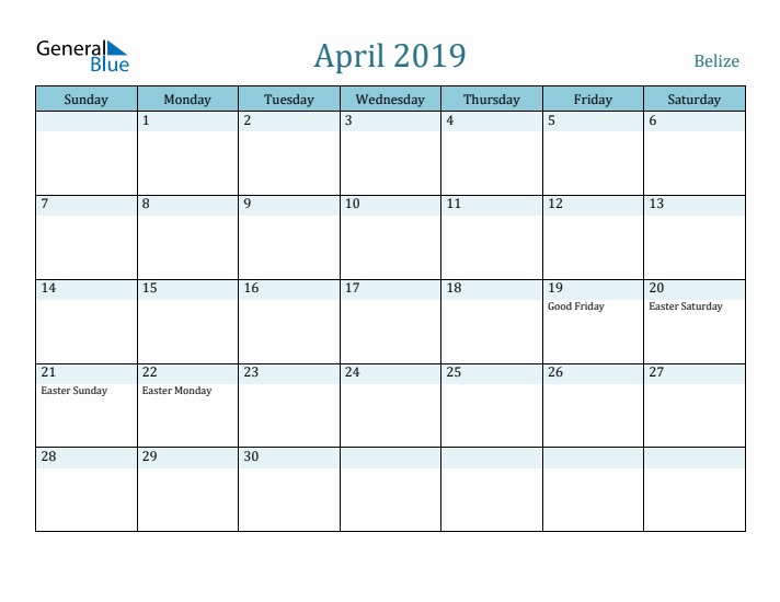 April 2019 Calendar with Holidays