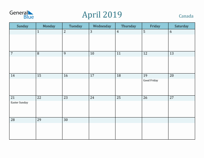 April 2019 Calendar with Holidays