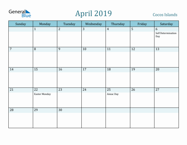 April 2019 Calendar with Holidays