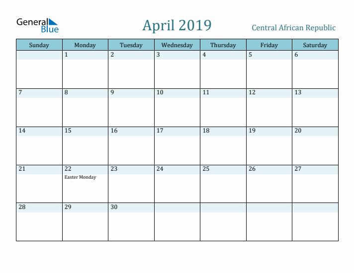 April 2019 Calendar with Holidays