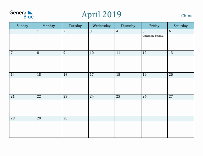 April 2019 Calendar with Holidays