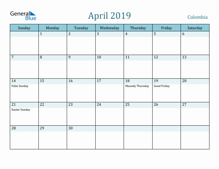 April 2019 Calendar with Holidays