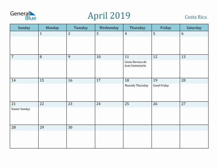 April 2019 Calendar with Holidays