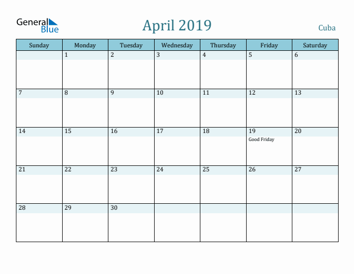 April 2019 Calendar with Holidays