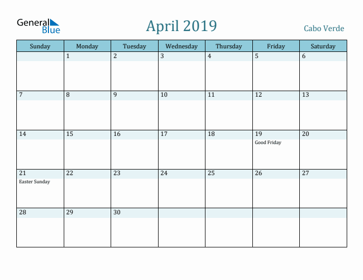 April 2019 Calendar with Holidays