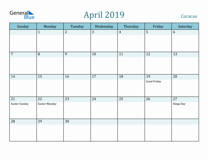 April 2019 Calendar with Holidays