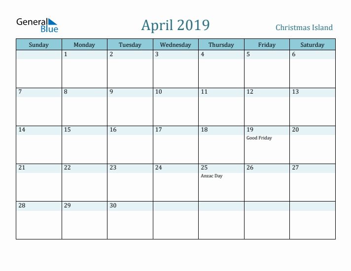 April 2019 Calendar with Holidays