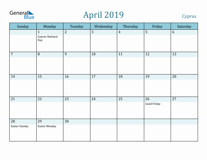 April 2019 Calendar with Holidays