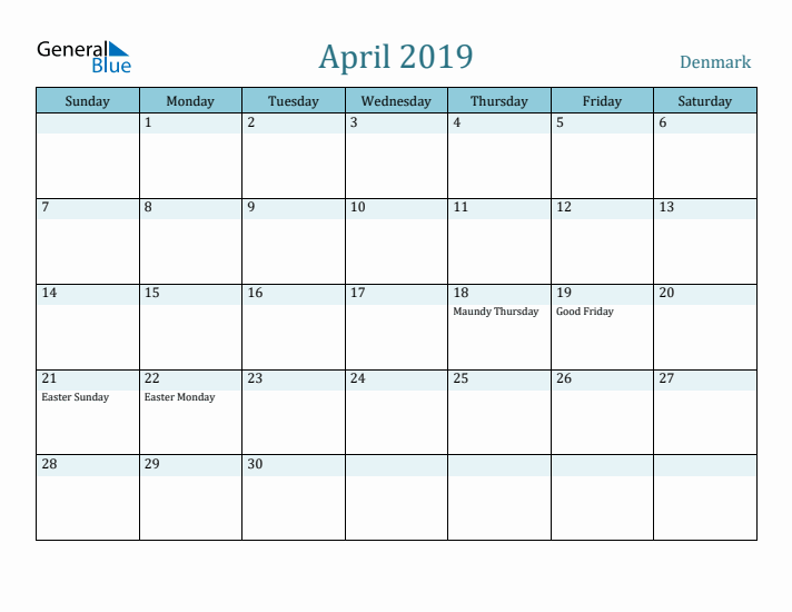 April 2019 Calendar with Holidays