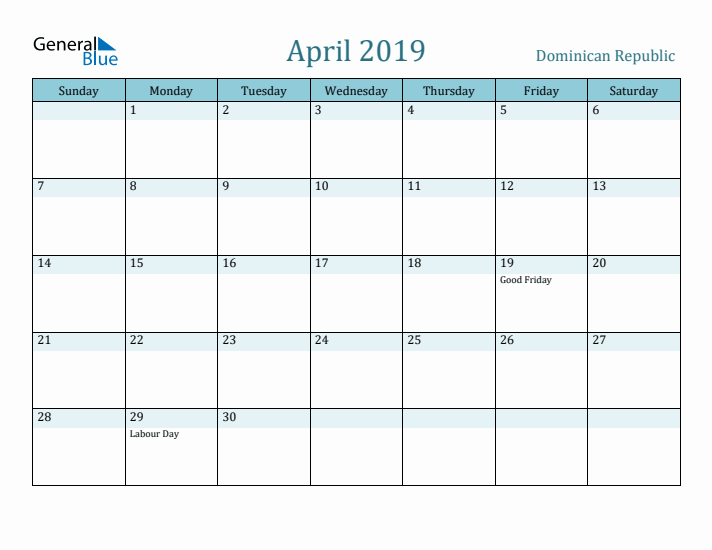 April 2019 Calendar with Holidays