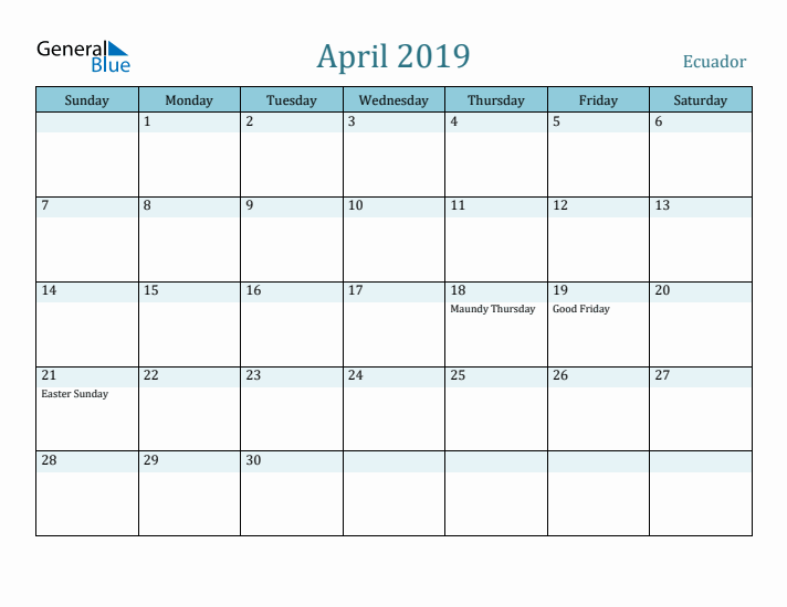 April 2019 Calendar with Holidays