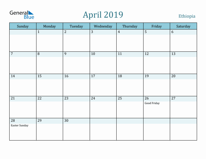 April 2019 Calendar with Holidays