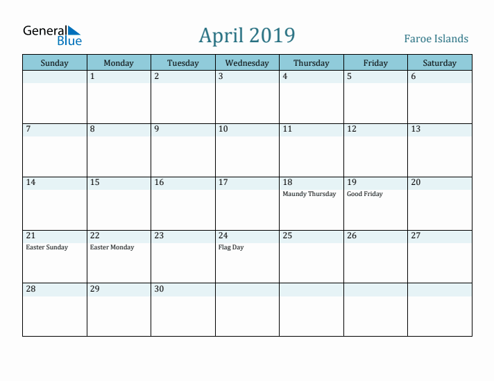 April 2019 Calendar with Holidays