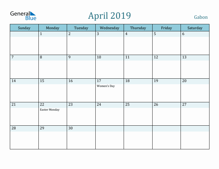 April 2019 Calendar with Holidays