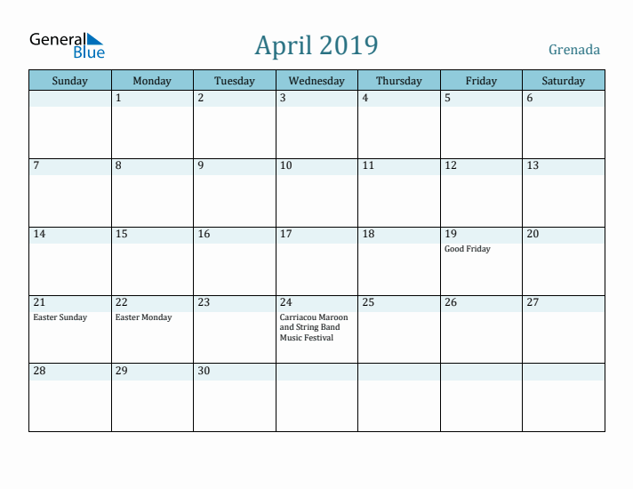 April 2019 Calendar with Holidays