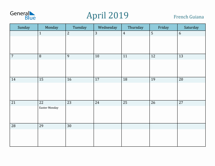 April 2019 Calendar with Holidays