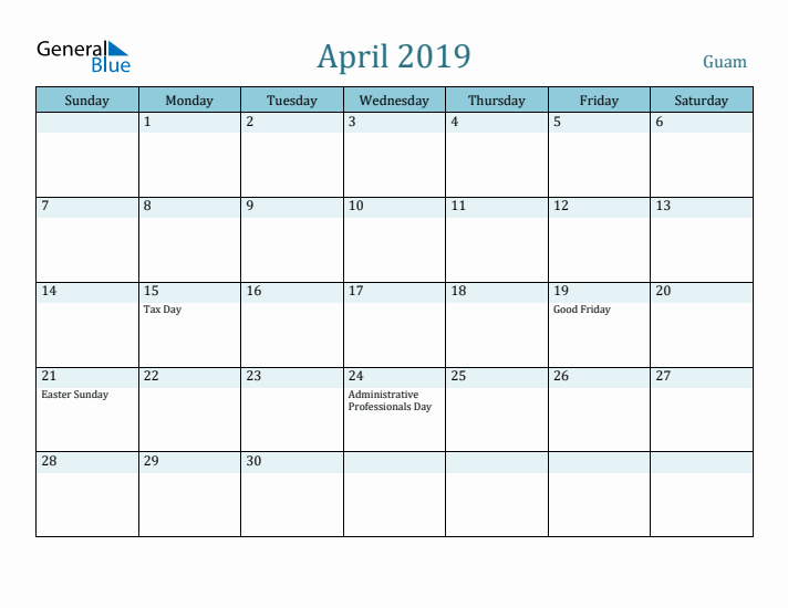 April 2019 Calendar with Holidays