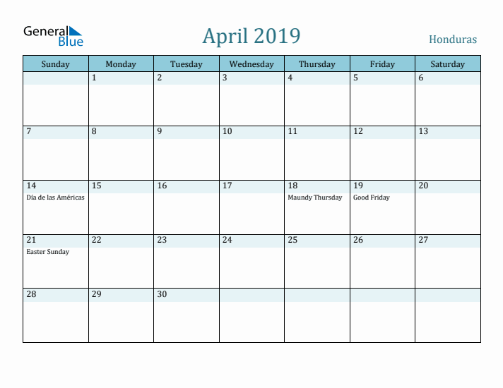 April 2019 Calendar with Holidays