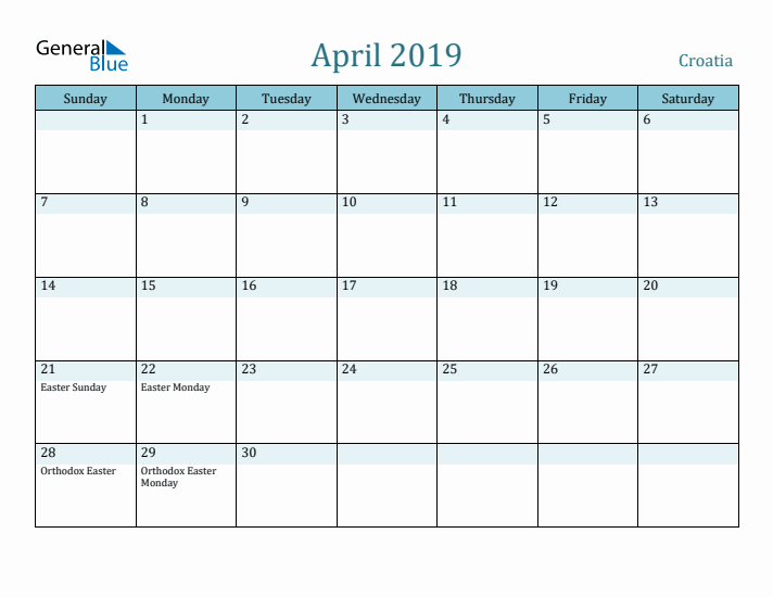 April 2019 Calendar with Holidays