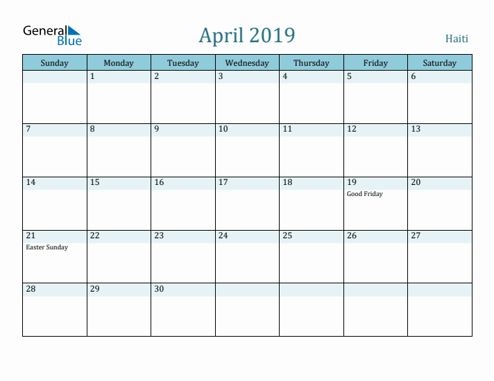 April 2019 Calendar with Holidays