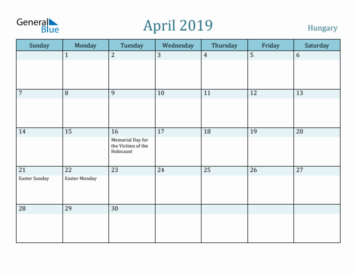 April 2019 Calendar with Holidays