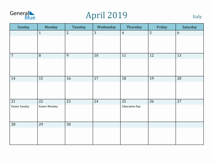 April 2019 Calendar with Holidays