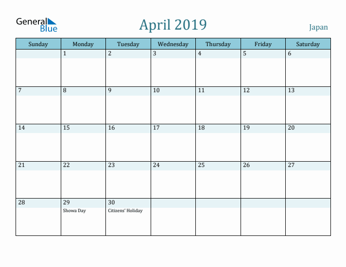 April 2019 Calendar with Holidays