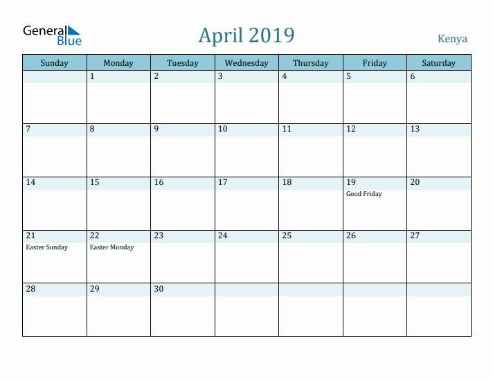 April 2019 Calendar with Holidays