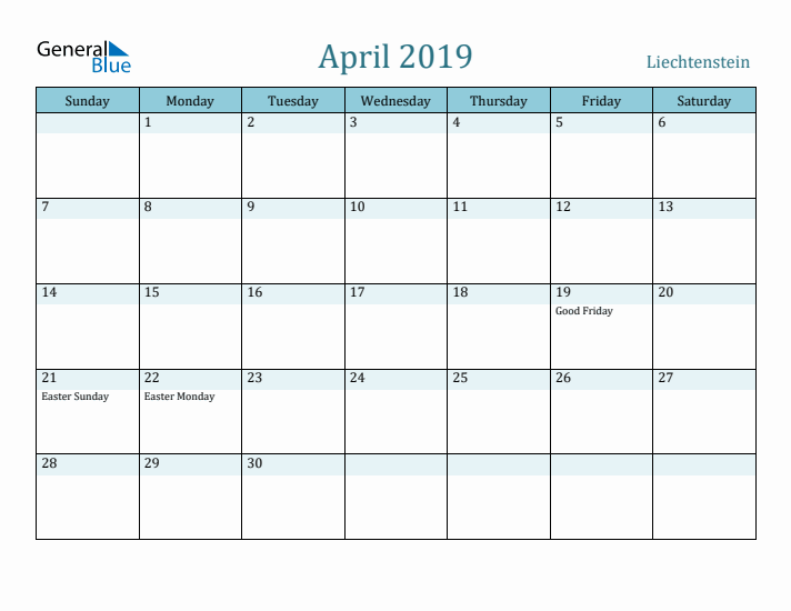 April 2019 Calendar with Holidays