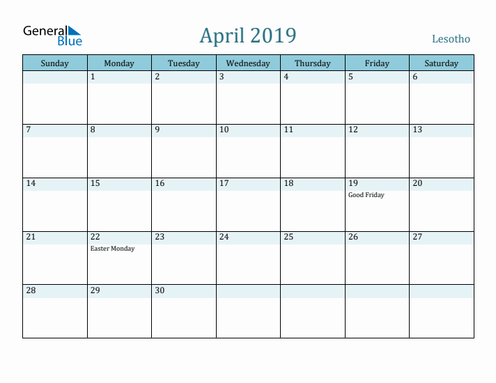 April 2019 Calendar with Holidays